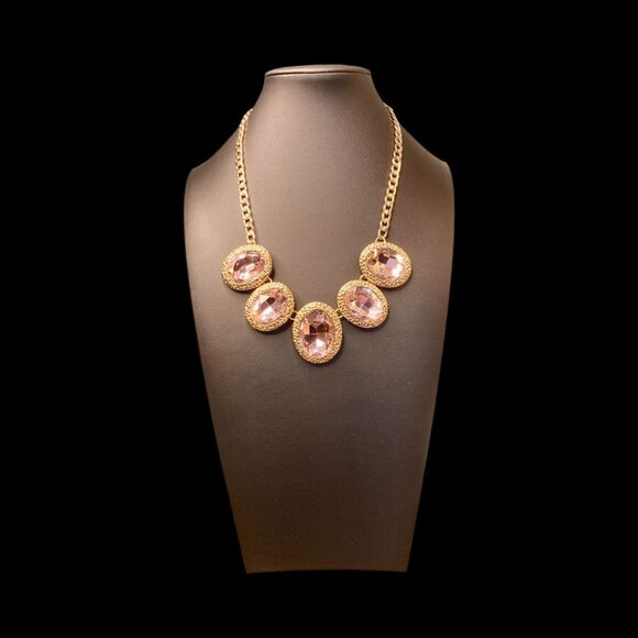 Erica Lyons Statement Necklace W/ Oval Pink Gemstones -220 - Picture 1 of 2